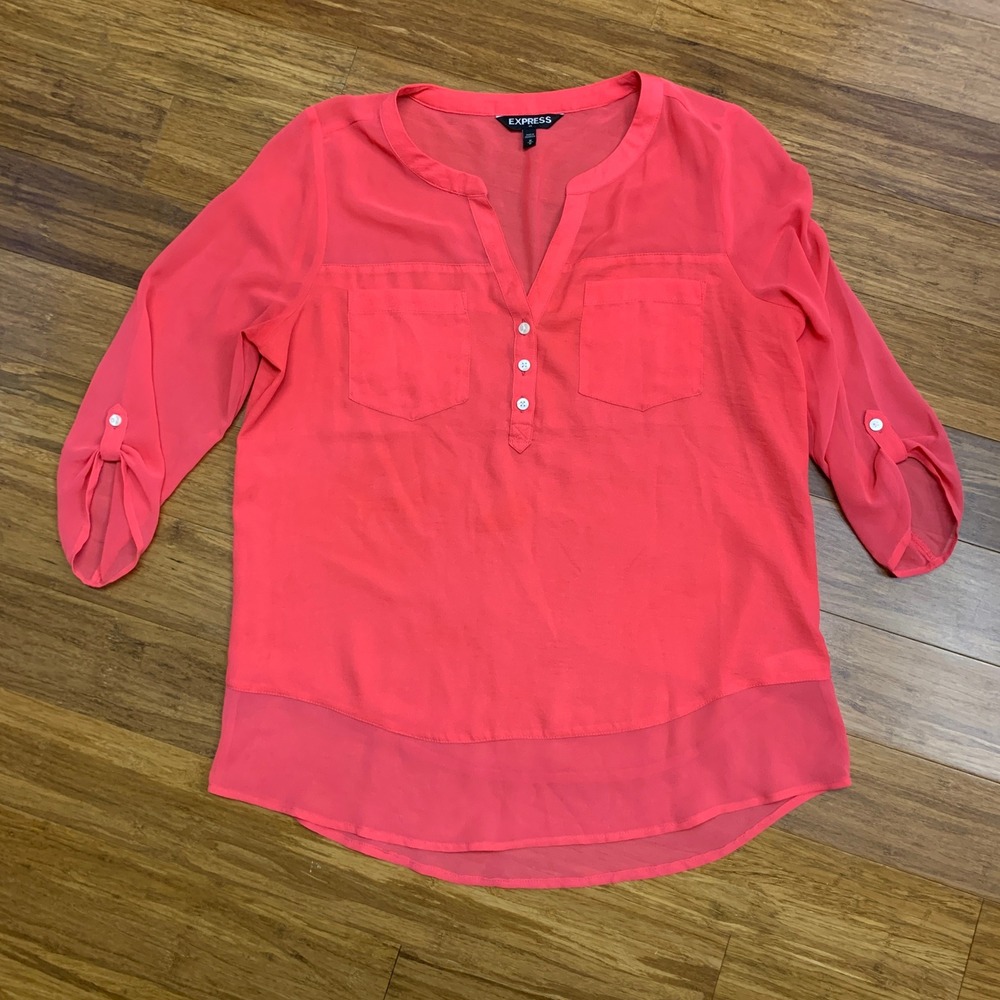 Express Coral Pink 3/4‎ Sleeve Button Down Blouse Womens Size Medium Top Career